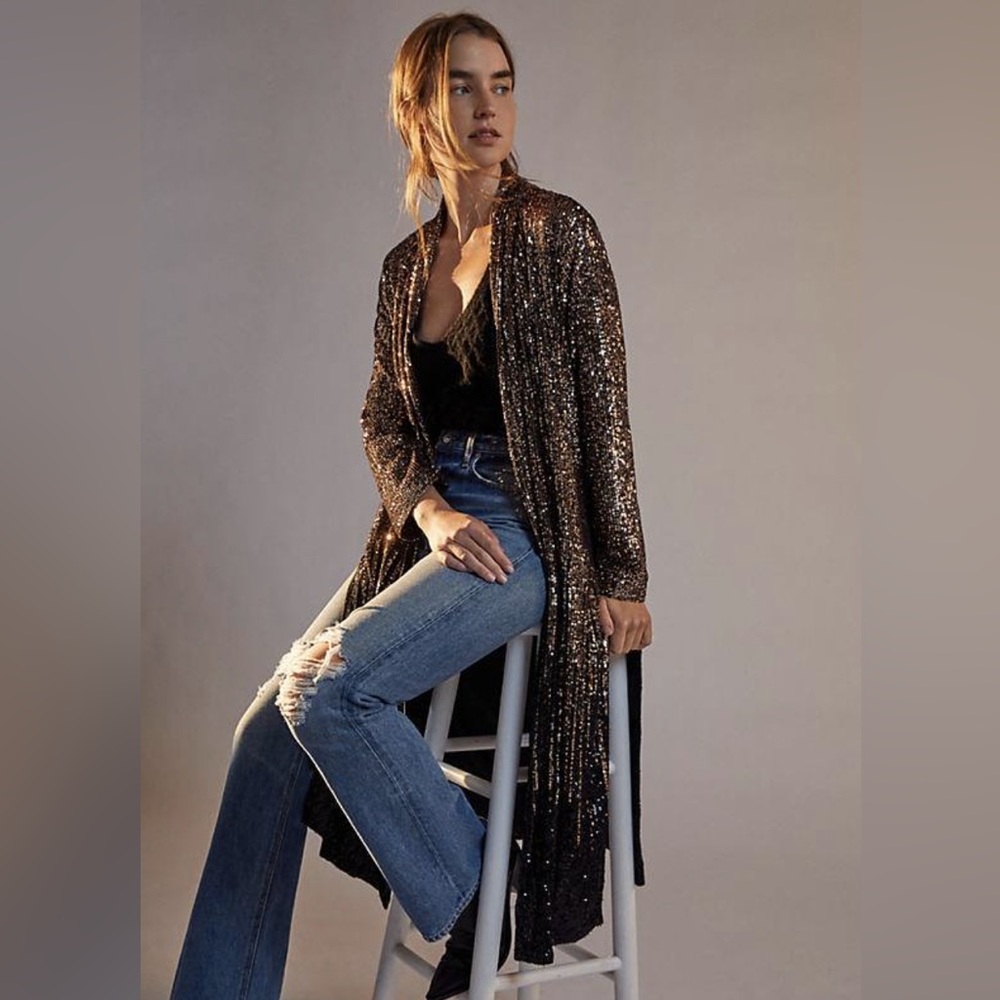 NWT Anthropologie Dulcinea Sequin Duster Jacket Rose Gold Black